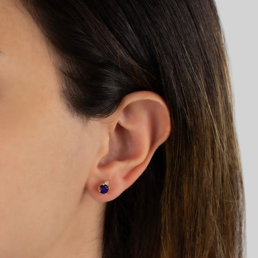 Round Sapphire Stud Earring in 10K/14K Solid Gold with Single Stone Real Diamond, September Birthstone Jewelry