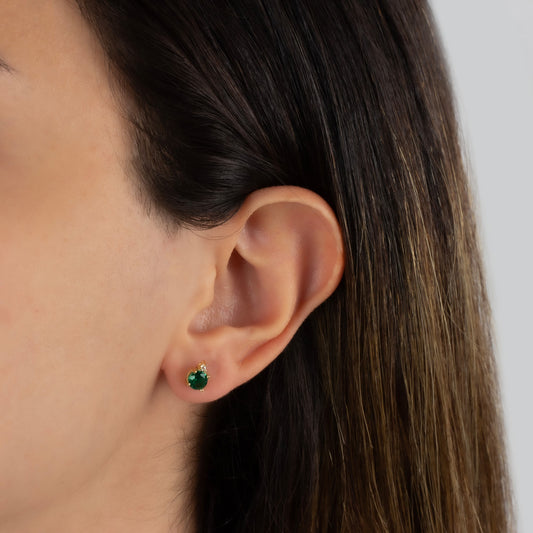 Round Emerald Stud Earring in 10K/14K Solid Gold with Single Stone Real Diamond, May Birthstone Jewelry