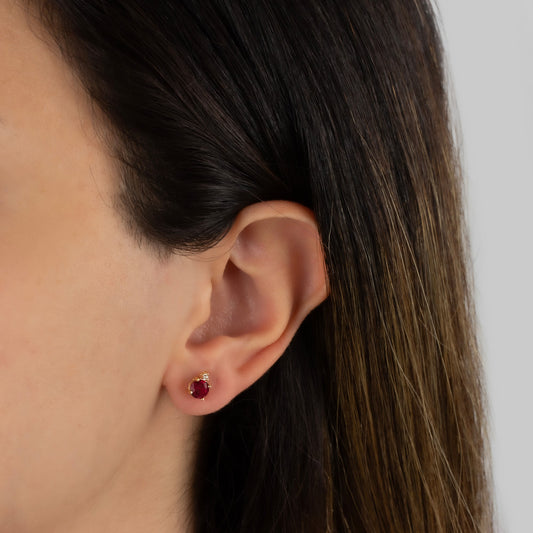 Round Ruby Stud Earring in 10K/14K Solid Gold with Single Stone Real Diamond, July Birthstone Jewelry