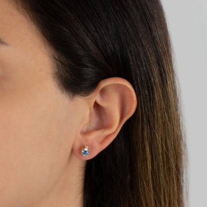 Round Aquamarine Stud Earring in 10K/14K Solid Gold with Single Stone Real Diamond, March Birthstone Jewelry