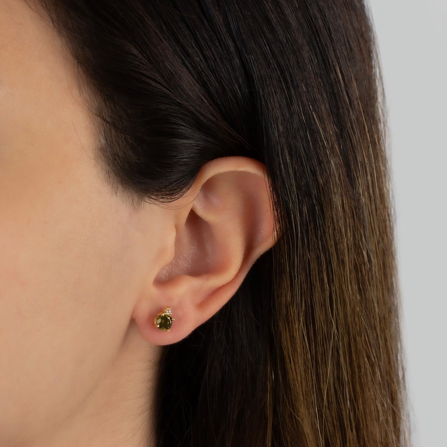 Round Peridot Stud Earring in 10K/14K Solid Gold with Single Stone Real Diamond, August Birthstone Jewelry
