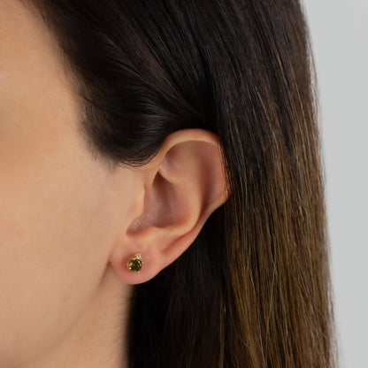 Round Peridot Stud Earring in 10K/14K Solid Gold with Single Stone Real Diamond, August Birthstone Jewelry