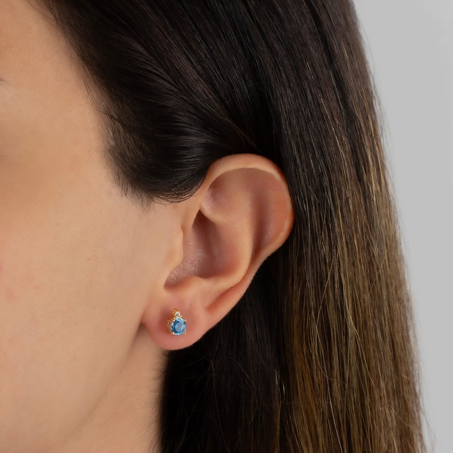 Round Blue Topaz Stud Earring in 10K/14K Solid Gold with Single Stone Real Diamond, December Birthstone Jewelry