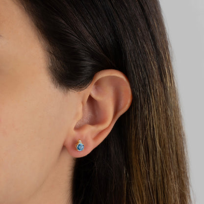 Round Blue Topaz Stud Earring in 10K/14K Solid Gold with Single Stone Real Diamond, December Birthstone Jewelry