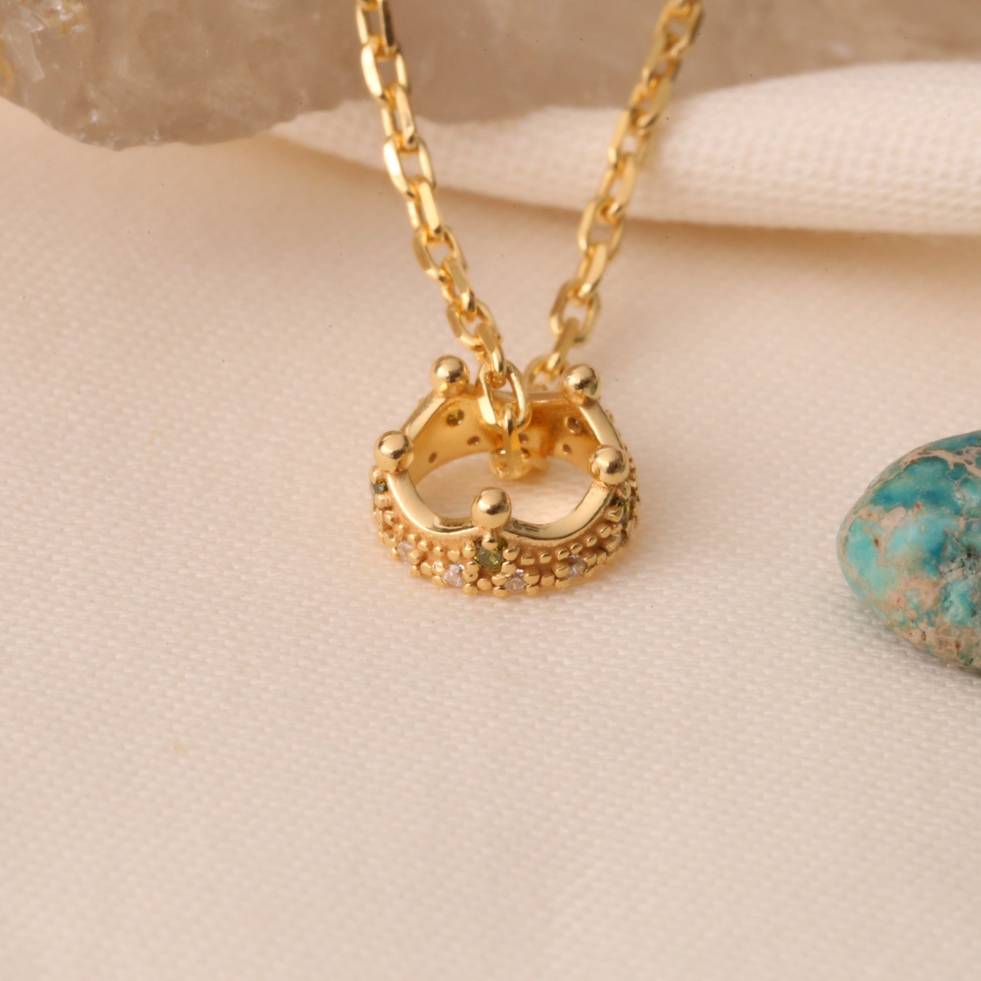 Crown Peridot Necklace in 14K Solid Gold with Real Diamonds | August Birthstone Queen Jewelry Necklace