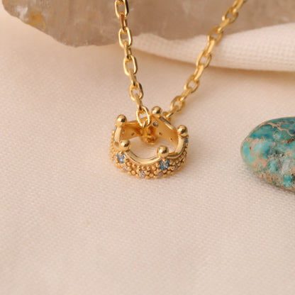 Crown Aquamarine Necklace in 14K Solid Gold with Real Diamonds | March Birthstone Queen Jewelry Necklace