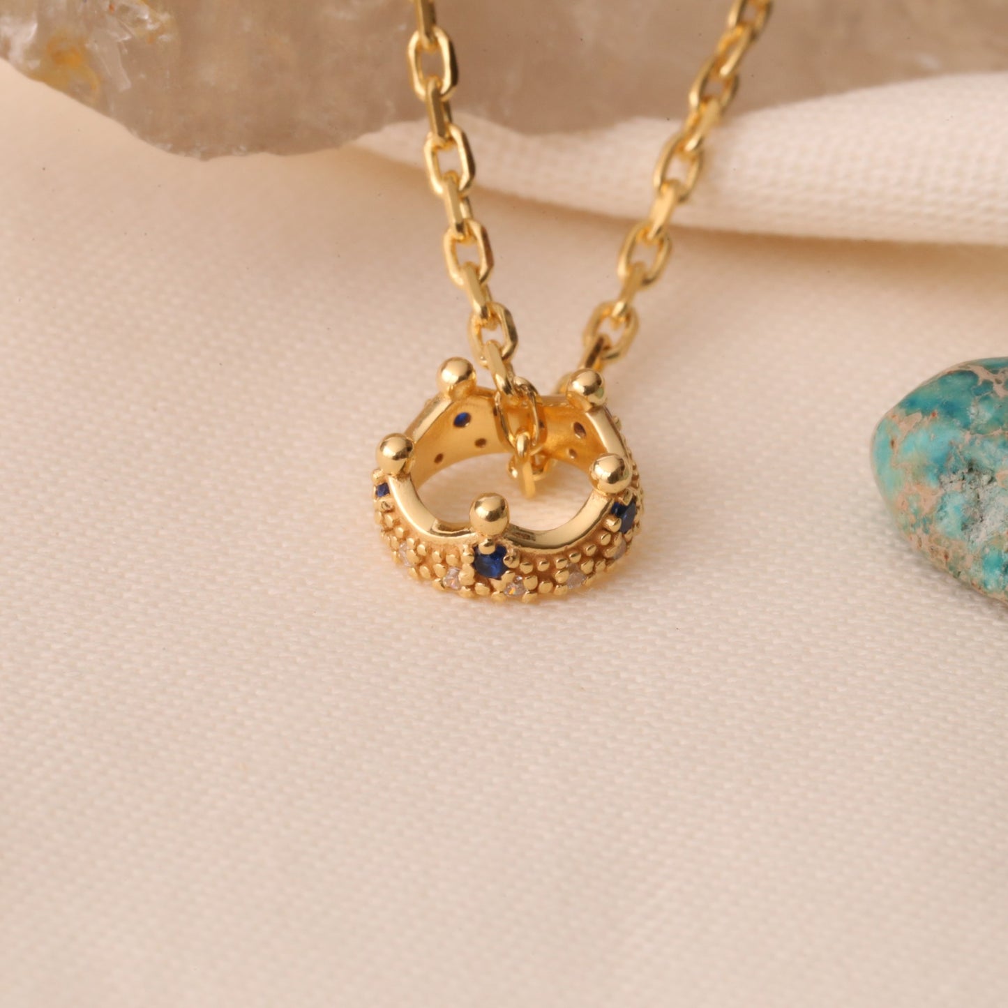 Crown Sapphire Necklace in 14K Solid Gold with Real Diamonds | September Birthstone Queen Jewelry Necklace