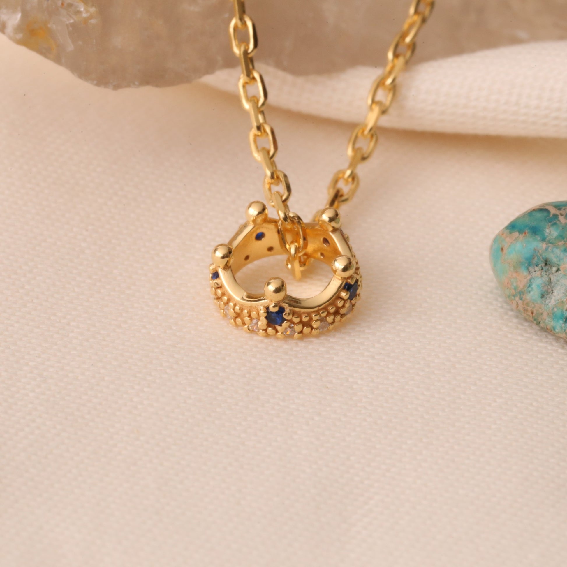 Crown Sapphire Necklace in 14K Solid Gold with Real Diamonds | September Birthstone Queen Jewelry Necklace