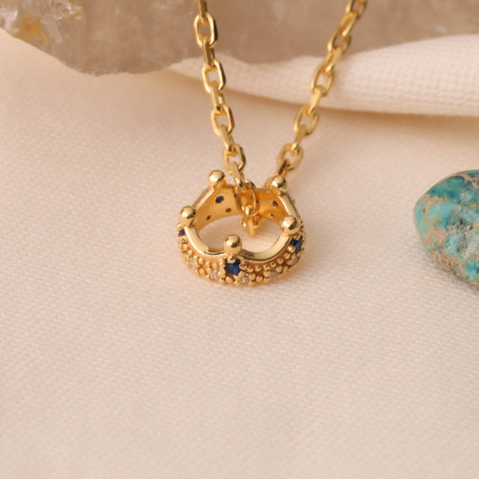 Crown Sapphire Necklace in 14K Solid Gold with Real Diamonds | September Birthstone Queen Jewelry Necklace