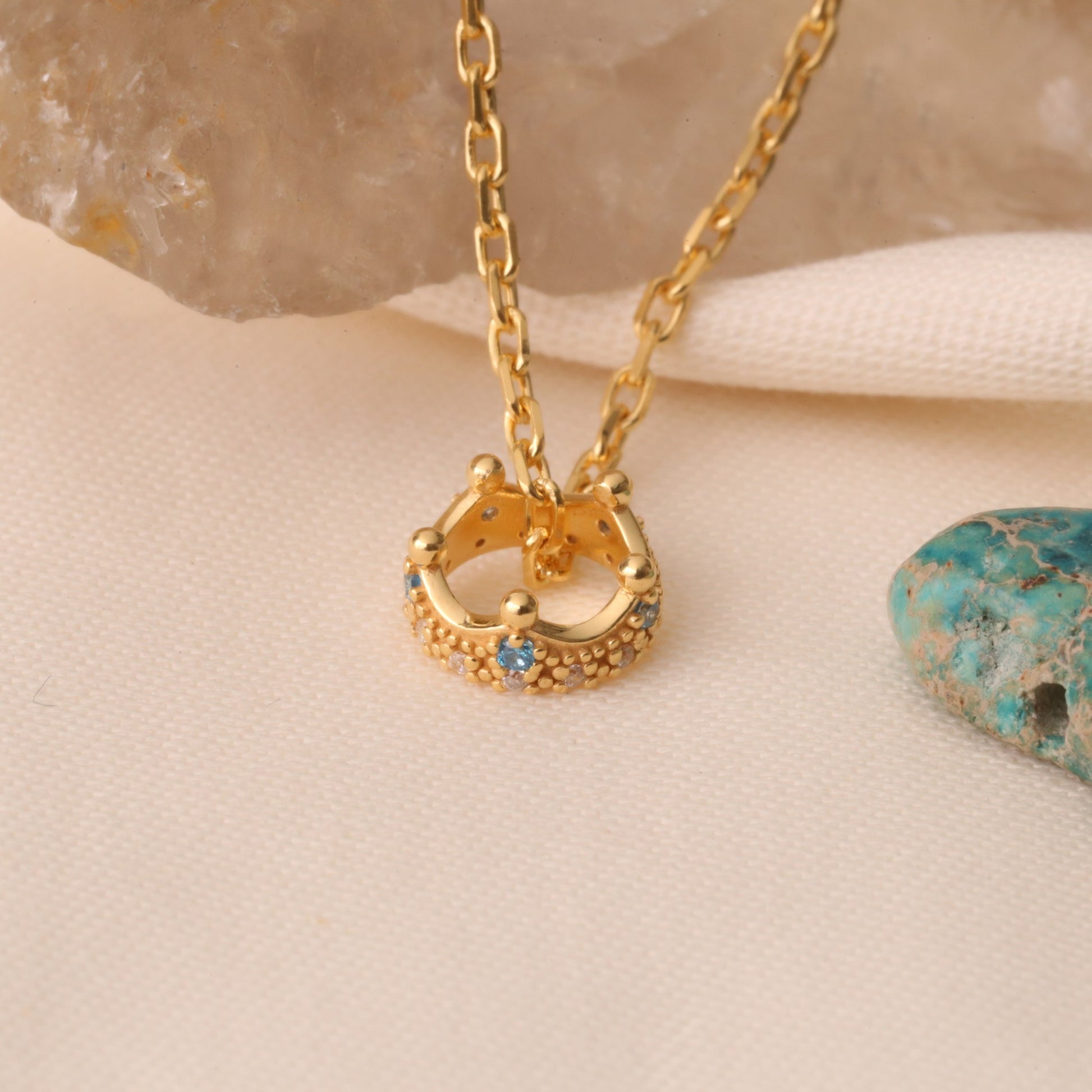 Crown Blue Topaz Necklace in 14K Solid Gold with Real Diamonds | December Birthstone Queen Jewelry Necklace