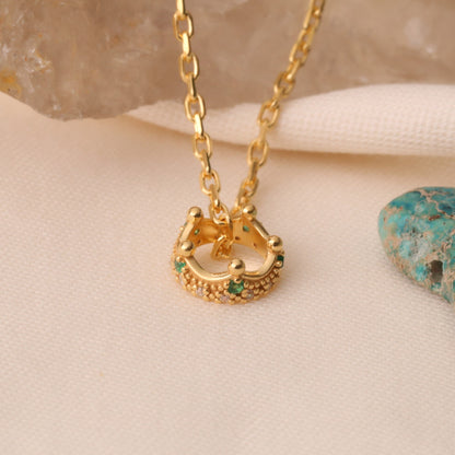 Crown Emerald Necklace in 14K Solid Gold with Real Diamonds | May Birthstone Queen Jewelry Necklace