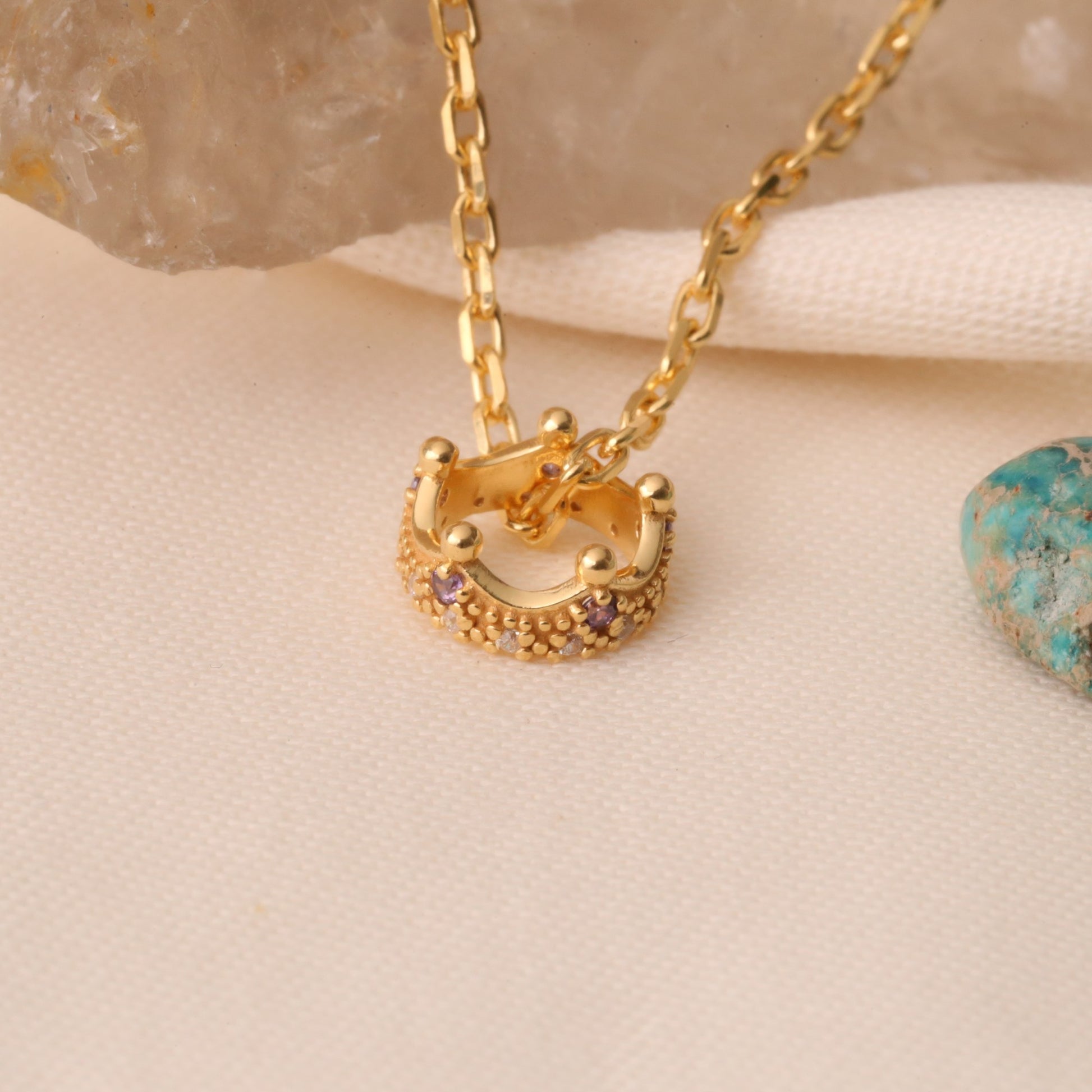 Crown Amethyst Necklace in 14K Solid Gold with Real Diamonds | February Birthstone Queen Jewelry Necklace