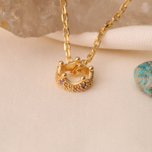 Crown Amethyst Necklace in 14K Solid Gold with Real Diamonds | February Birthstone Queen Jewelry Necklace