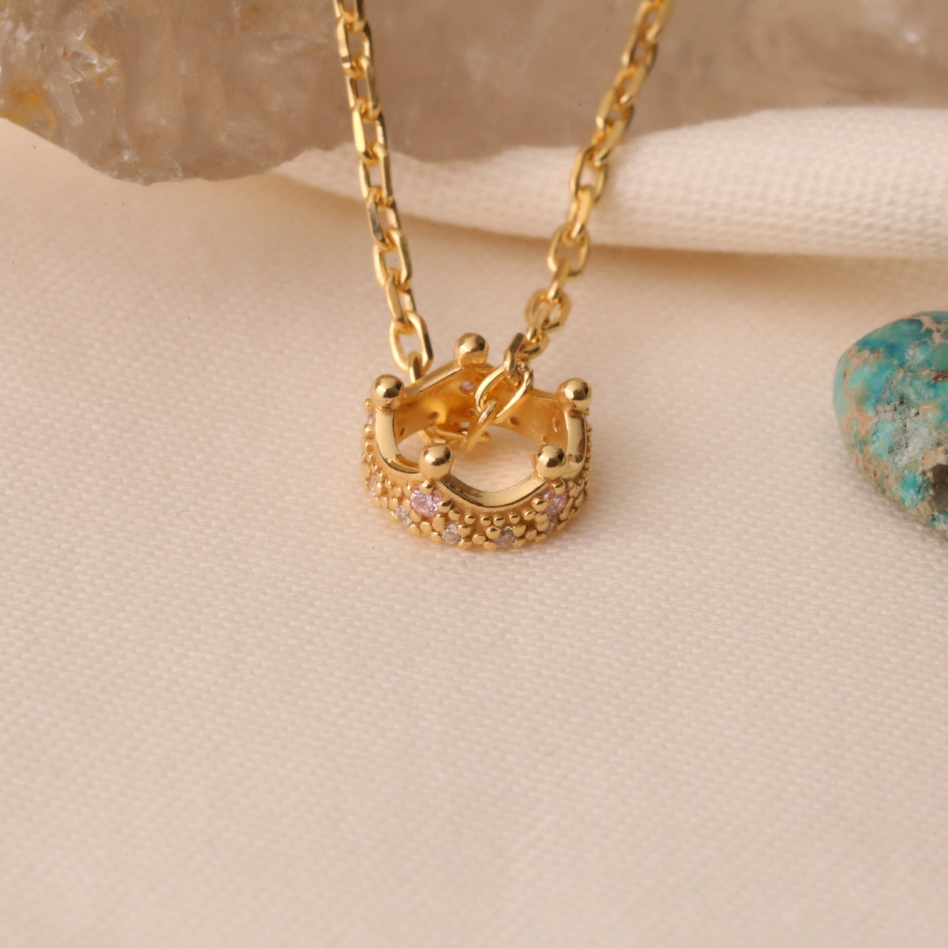 Crown Pink Tourmaline Necklace in 14K Solid Gold with Real Diamonds | October Birthstone Queen Jewelry Necklace