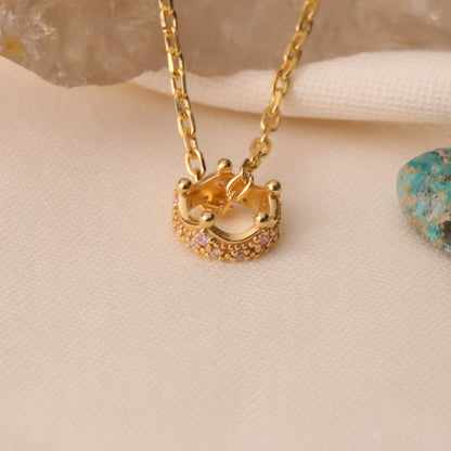 Crown Pink Tourmaline Necklace in 14K Solid Gold with Real Diamonds | October Birthstone Queen Jewelry Necklace