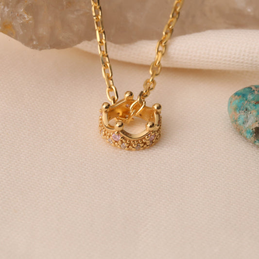 Crown Pink Tourmaline Necklace in 14K Solid Gold with Real Diamonds | October Birthstone Queen Jewelry Necklace