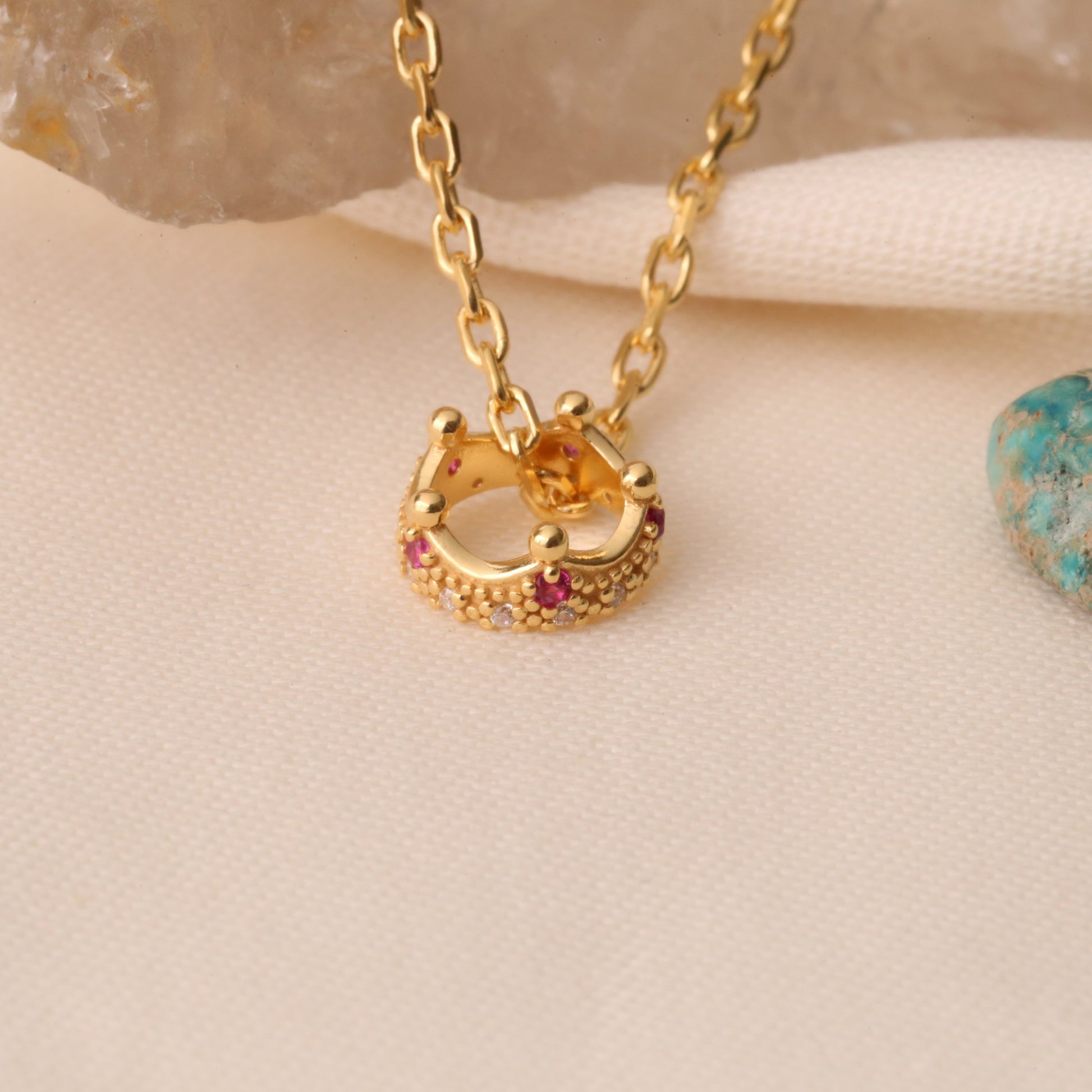 Crown Ruby Necklace in 14K Solid Gold with Real Diamonds | July Birthstone Queen Jewelry Necklace