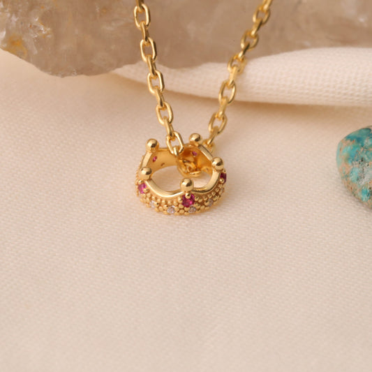 Crown Ruby Necklace in 14K Solid Gold with Real Diamonds | July Birthstone Queen Jewelry Necklace