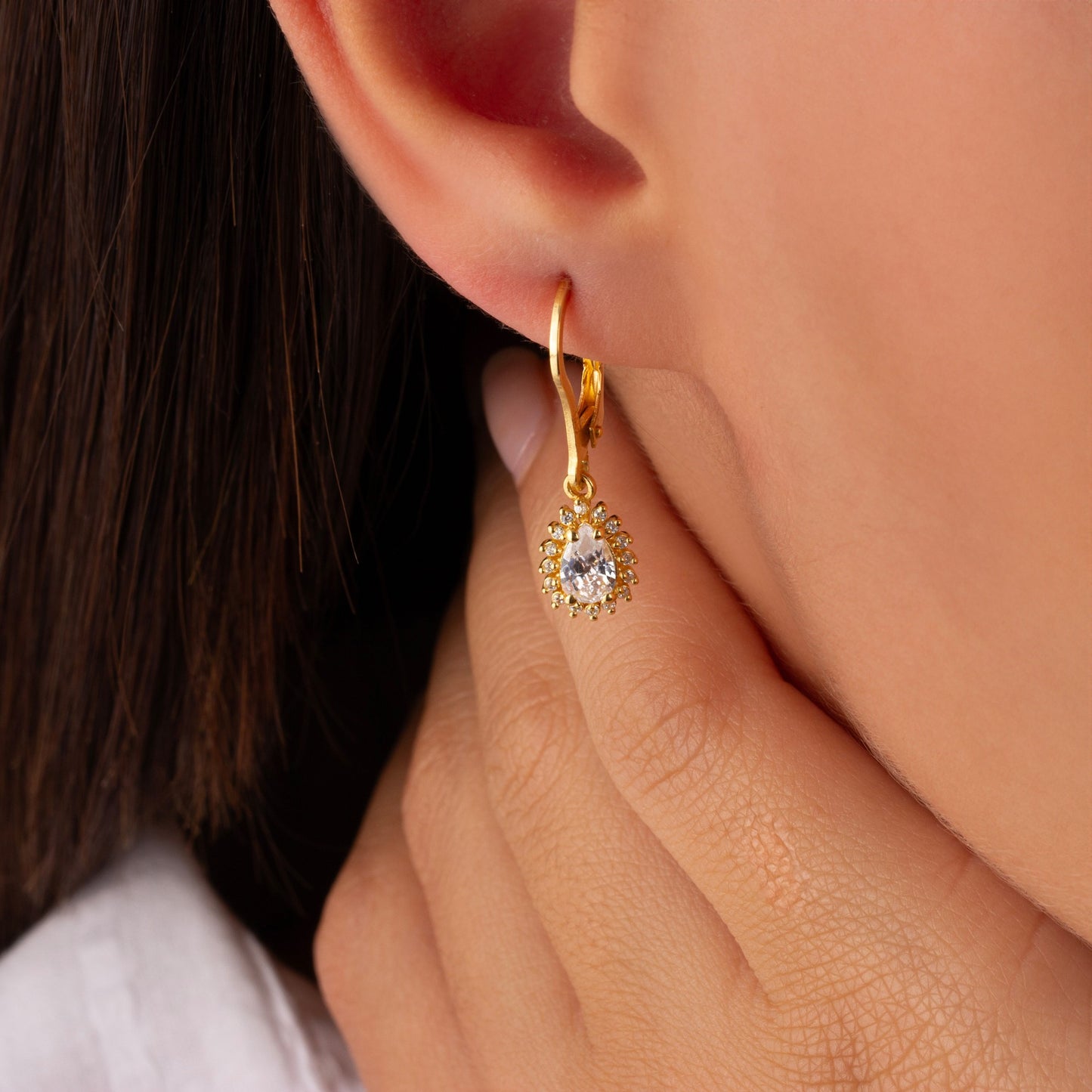 Teardrop White Topaz Bezel Dangling Earrings in 8K/10K/14K Solid Gold Surrounded with Real Diamonds, April Birthstone Jewelry