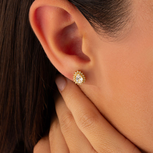 Teardrop White Topaz Bezel Stud Earrings in 10K/14K Solid Gold Surrounded with Real Diamonds, April Birthstone Jewelry