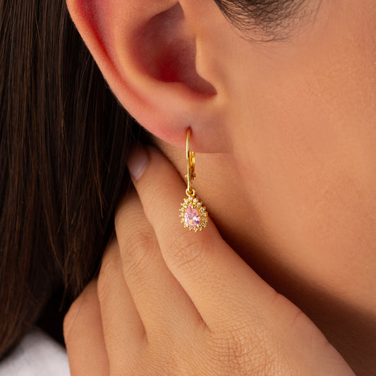 Teardrop Pink Tourmaline Bezel Dangling Earrings in 14K Solid Gold Surrounded with Real Diamonds, October Birthstone Jewelry