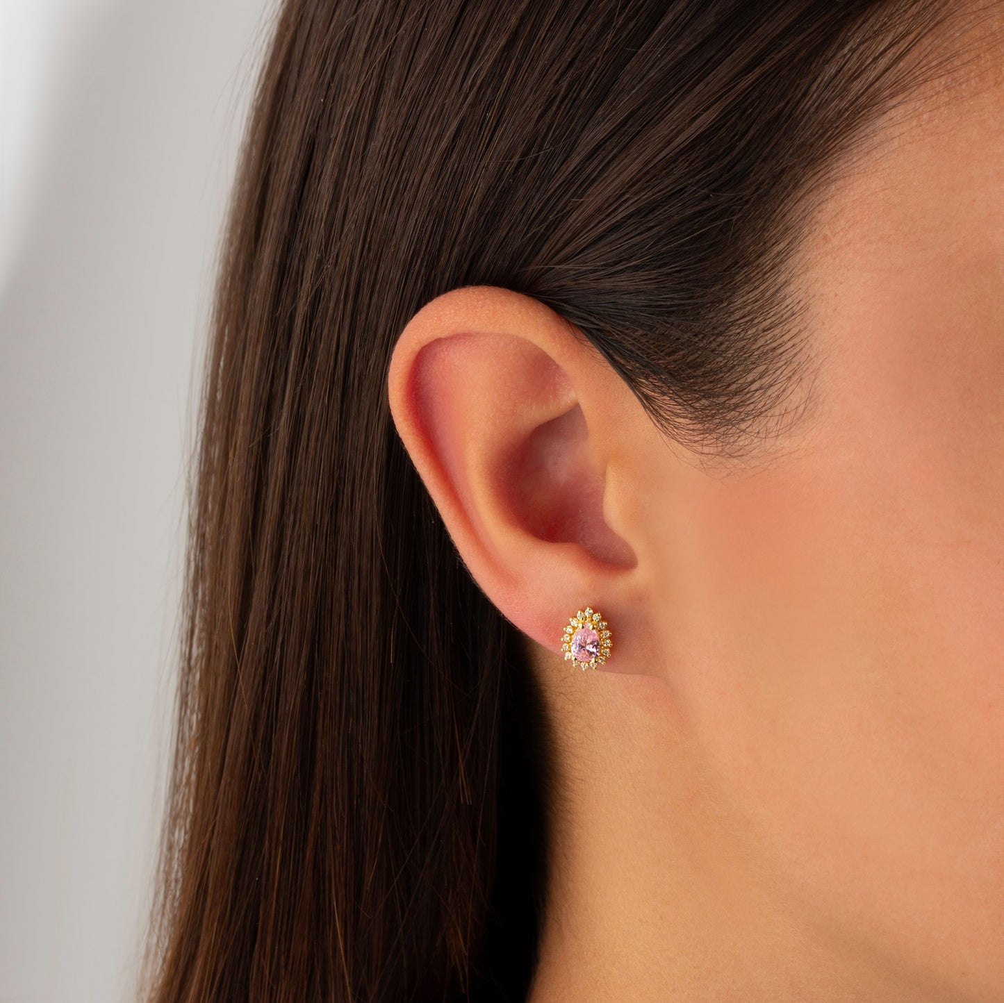 Teardrop Pink Tourmaline Bezel Stud Earrings in 10K/14K Solid Gold Surrounded with Real Diamonds, October Birthstone Jewelry