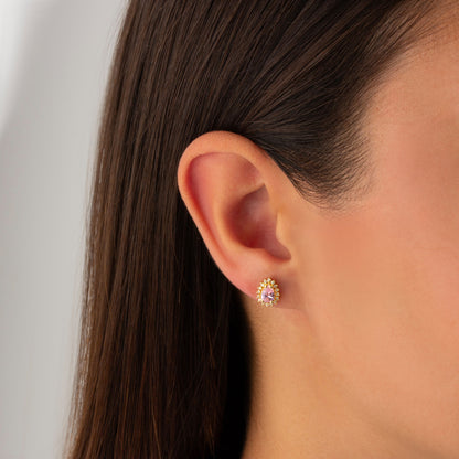 Teardrop Pink Tourmaline Bezel Stud Earrings in 10K/14K Solid Gold Surrounded with Real Diamonds, October Birthstone Jewelry