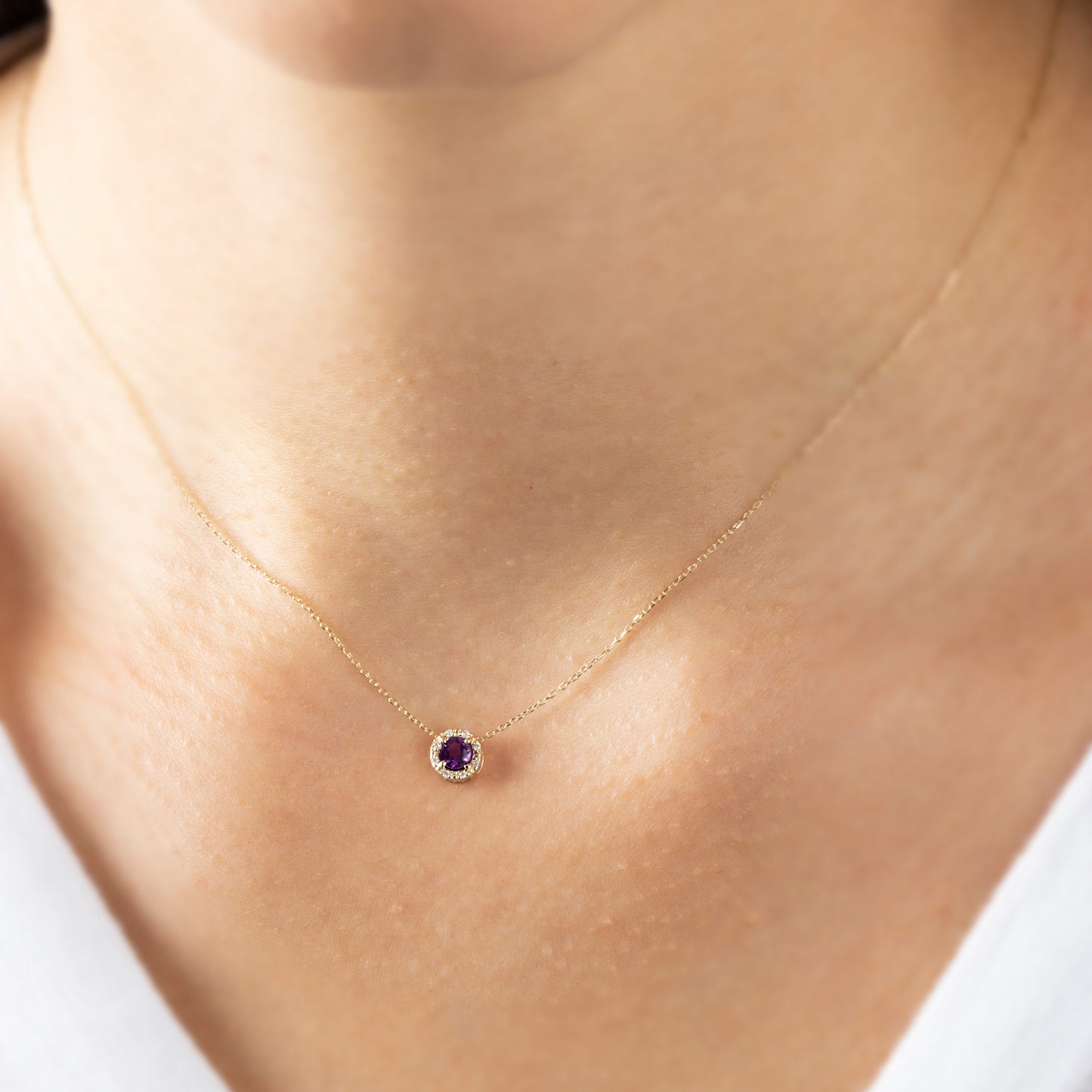 Round Amethyst Necklace Surrounded by Real Diamonds, 8K/10K/14K Solid Gold, February Birthstone