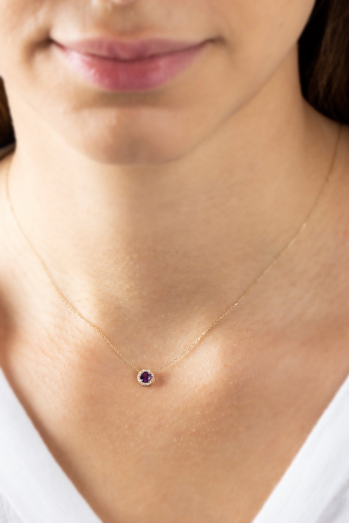 Round Amethyst Necklace Surrounded by Real Diamonds, 8K/10K/14K Solid Gold, February Birthstone
