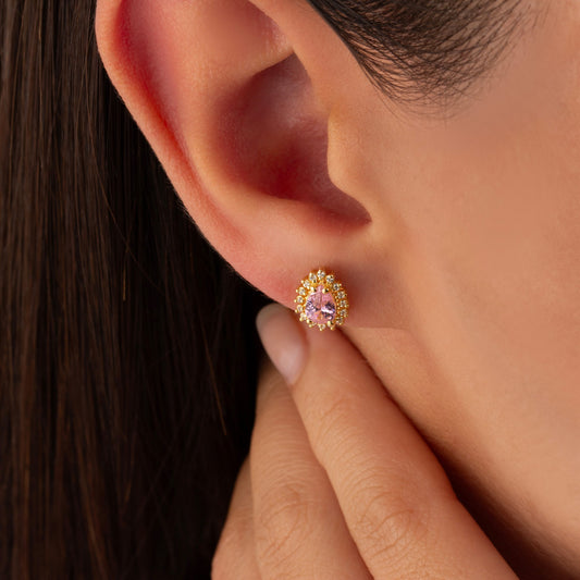 Teardrop Pink Tourmaline Bezel Stud Earrings in 10K/14K Solid Gold Surrounded with Real Diamonds, October Birthstone Jewelry