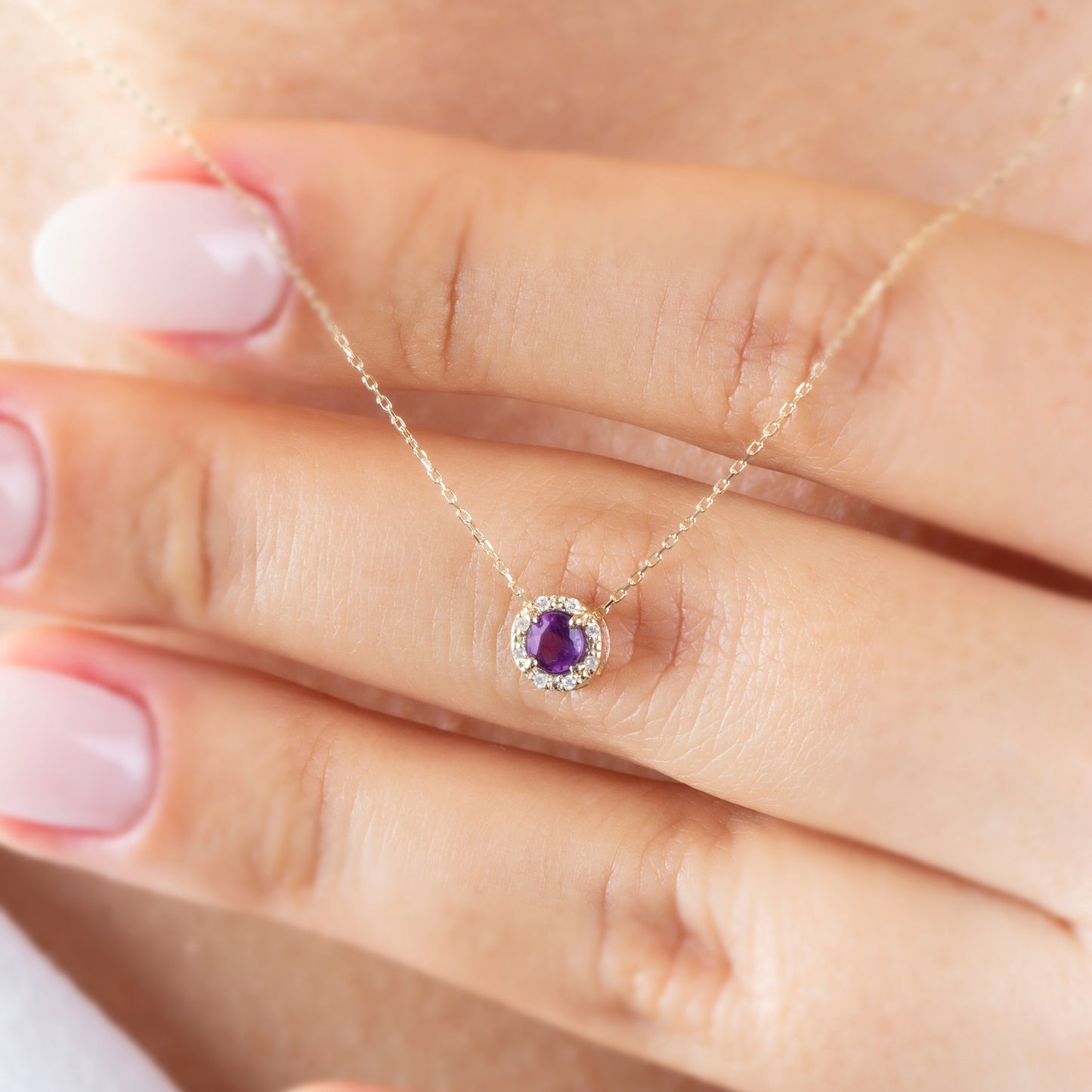 Round Amethyst Necklace Surrounded by Real Diamonds, 8K/10K/14K Solid Gold, February Birthstone