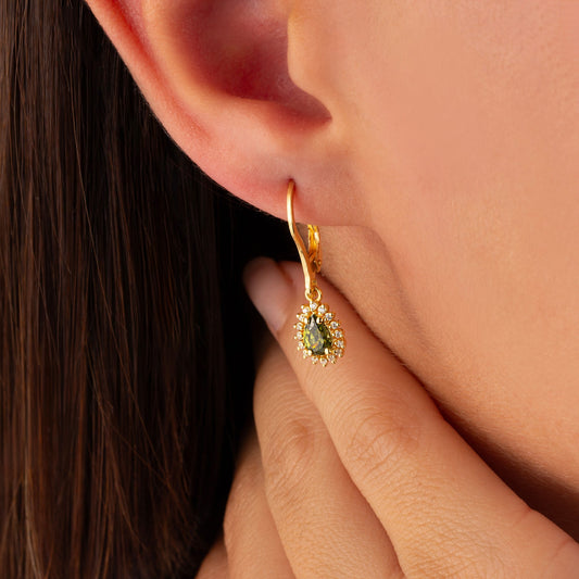 Teardrop Peridot Bezel Dangling Earrings in 8K/10K/14K Solid Gold Surrounded with Real Diamonds, August Birthstone Jewelry