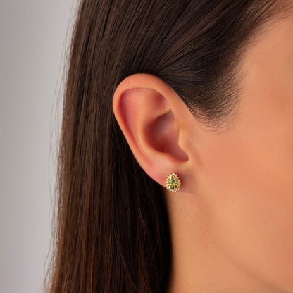 Teardrop Peridot Bezel Stud Earrings in 10K/14K Solid Gold Surrounded with Real Diamonds, August Birthstone Jewelry