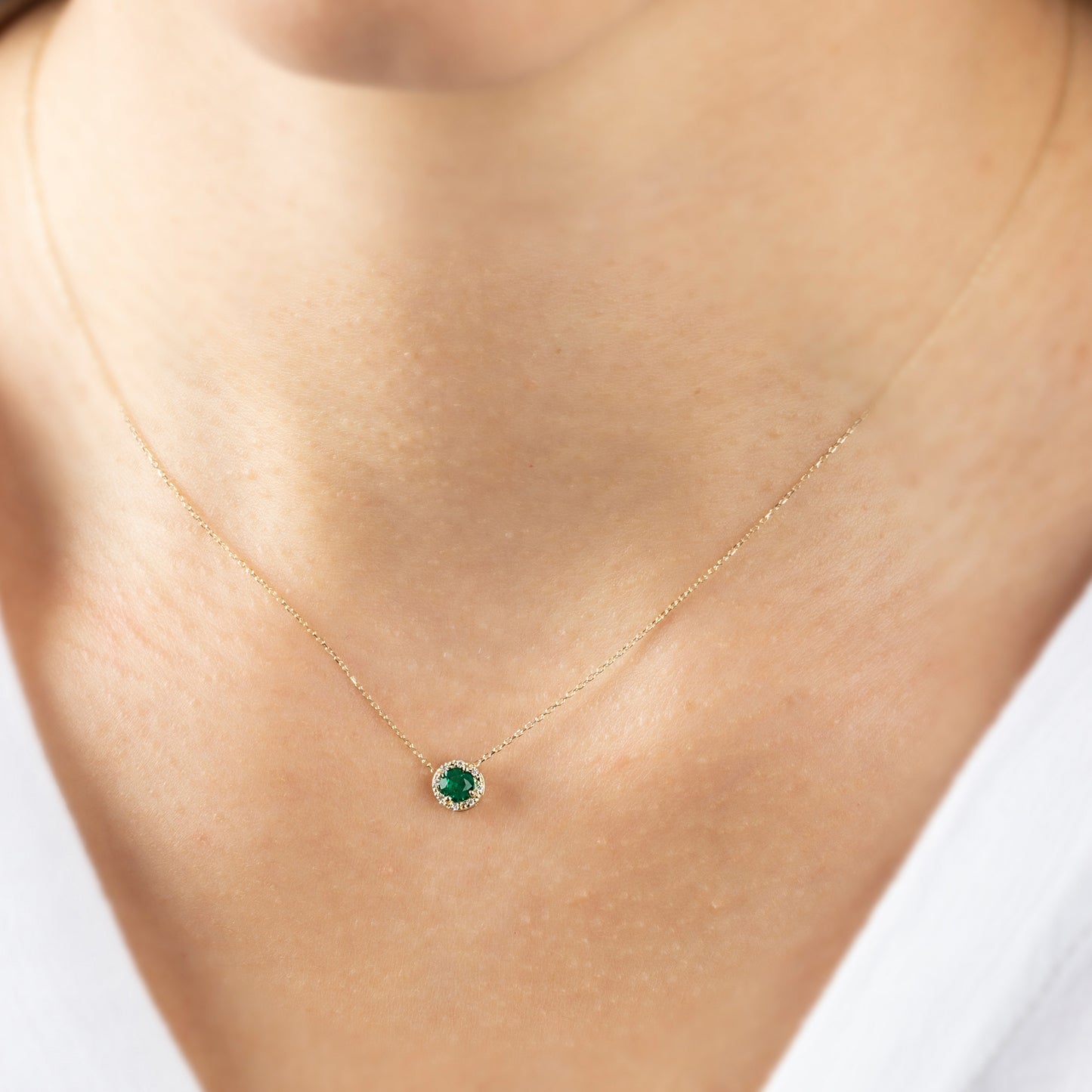 Round Emerald Necklace Surrounded by Real Diamonds, 8K/10K/14K Solid Gold, May Birthstone