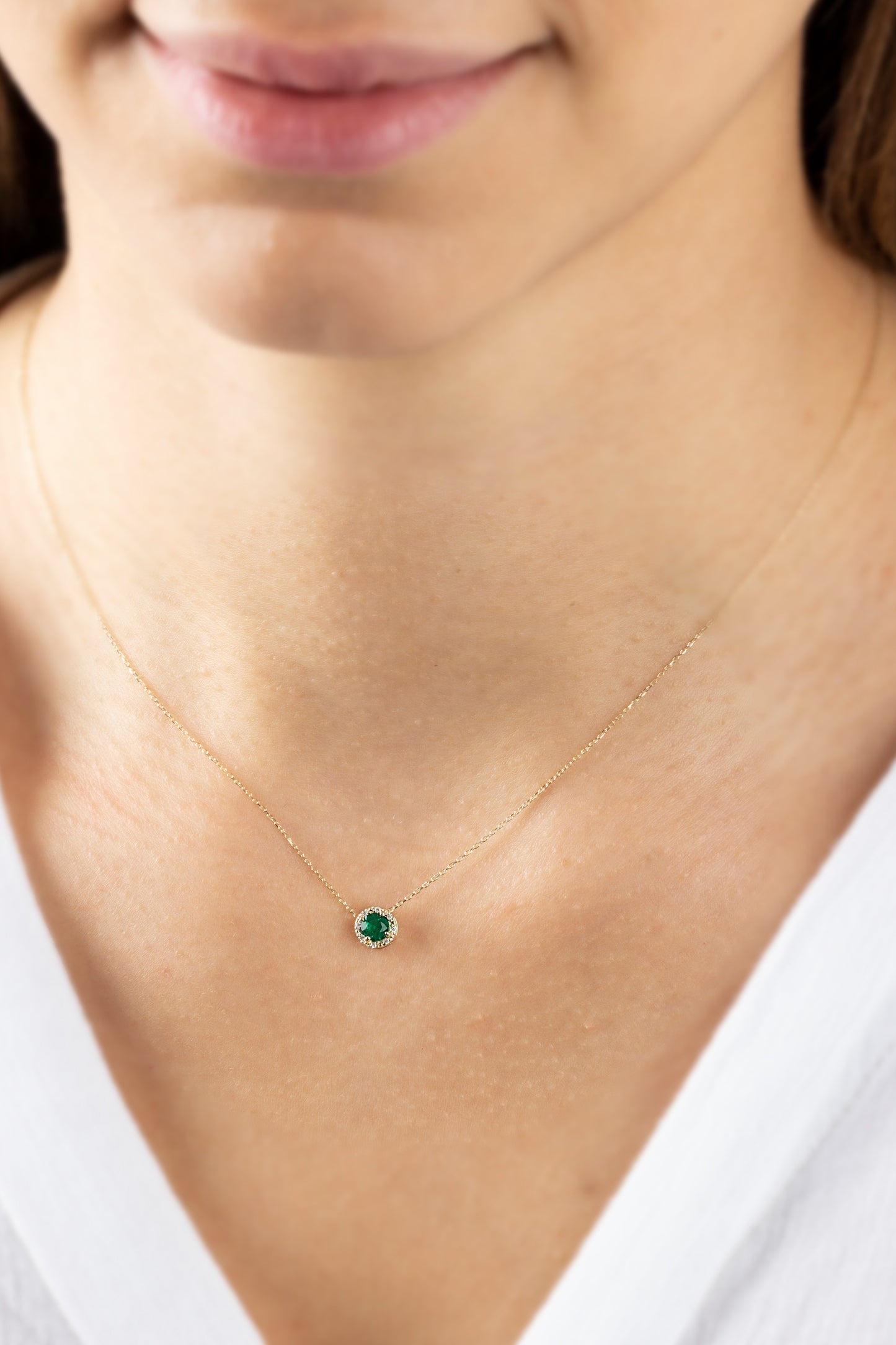 Round Emerald Necklace Surrounded by Real Diamonds, 8K/10K/14K Solid Gold, May Birthstone