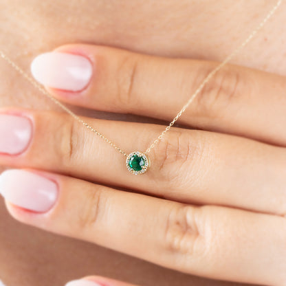 Round Emerald Necklace Surrounded by Real Diamonds, 8K/10K/14K Solid Gold, May Birthstone