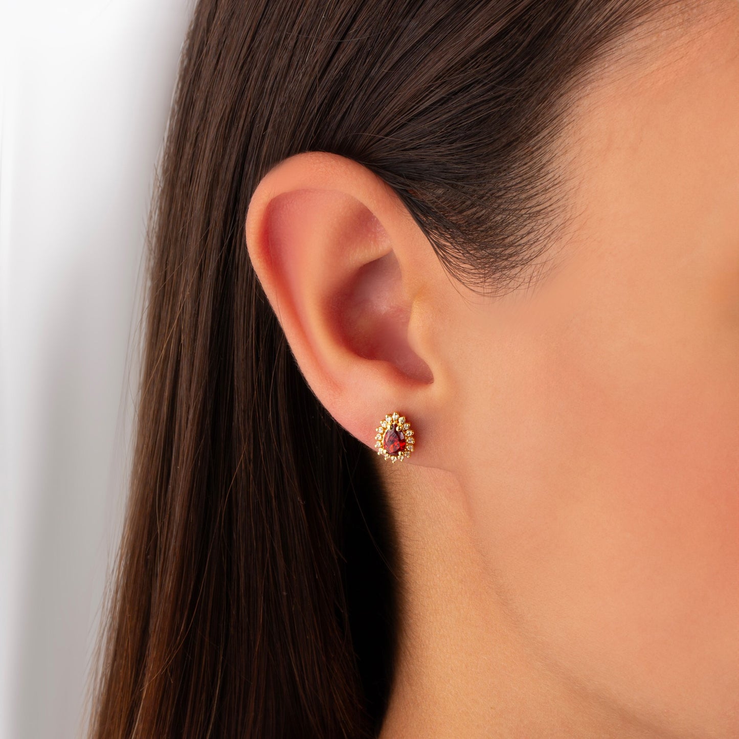 Teardrop Garnet Bezel Stud Earrings in 10K/14K Solid Gold Surrounded with Real Diamonds, January Birthstone Jewelry