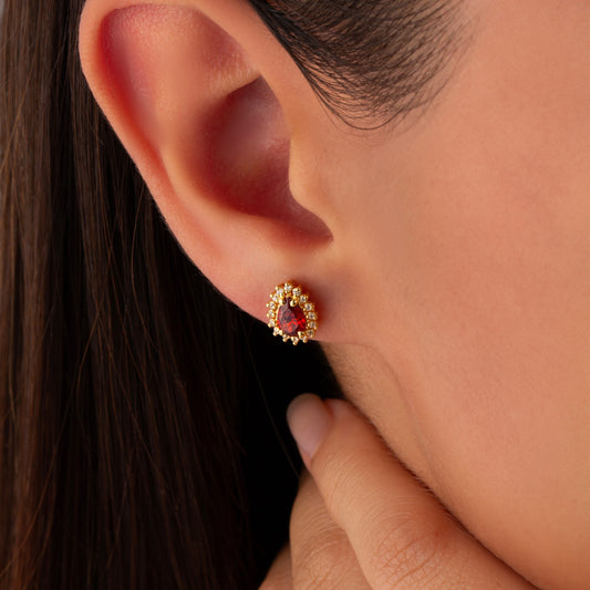 Teardrop Garnet Bezel Stud Earrings in 10K/14K Solid Gold Surrounded with Real Diamonds, January Birthstone Jewelry
