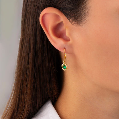 Teardrop Emerald Bezel Dangling Earrings in 8K/10K/14K Solid Gold Surrounded with Real Diamonds, May Birthstone Jewelry