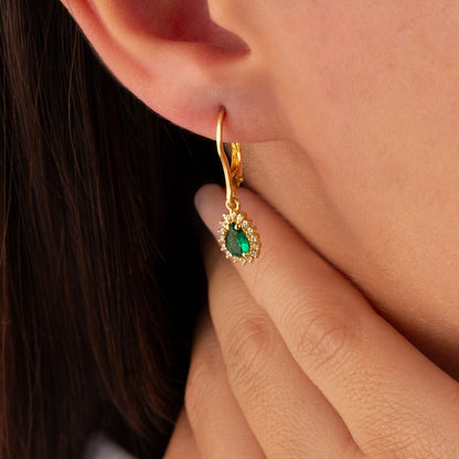 Teardrop Emerald Bezel Dangling Earrings in 8K/10K/14K Solid Gold Surrounded with Real Diamonds, May Birthstone Jewelry