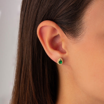 Teardrop Emerald Bezel Stud Earrings in 10K/14K Solid Gold Surrounded with Real Diamonds, May Birthstone Jewelry