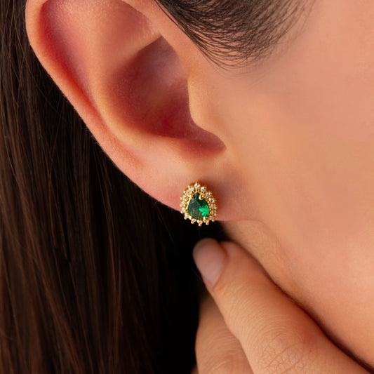 Teardrop Emerald Bezel Stud Earrings in 10K/14K Solid Gold Surrounded with Real Diamonds, May Birthstone Jewelry