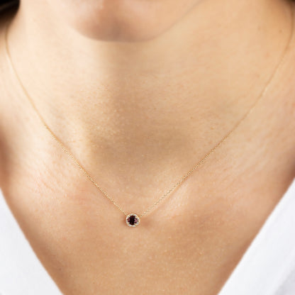 Round Garnet Necklace Surrounded by Real Diamonds, 8K/10K/14K Solid Gold, January Birthstone