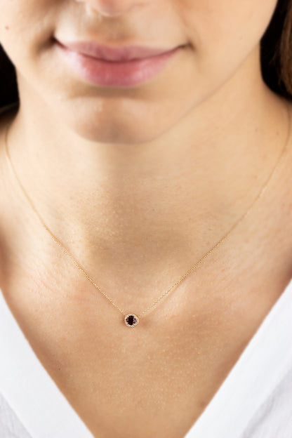 Round Garnet Necklace Surrounded by Real Diamonds, 8K/10K/14K Solid Gold, January Birthstone