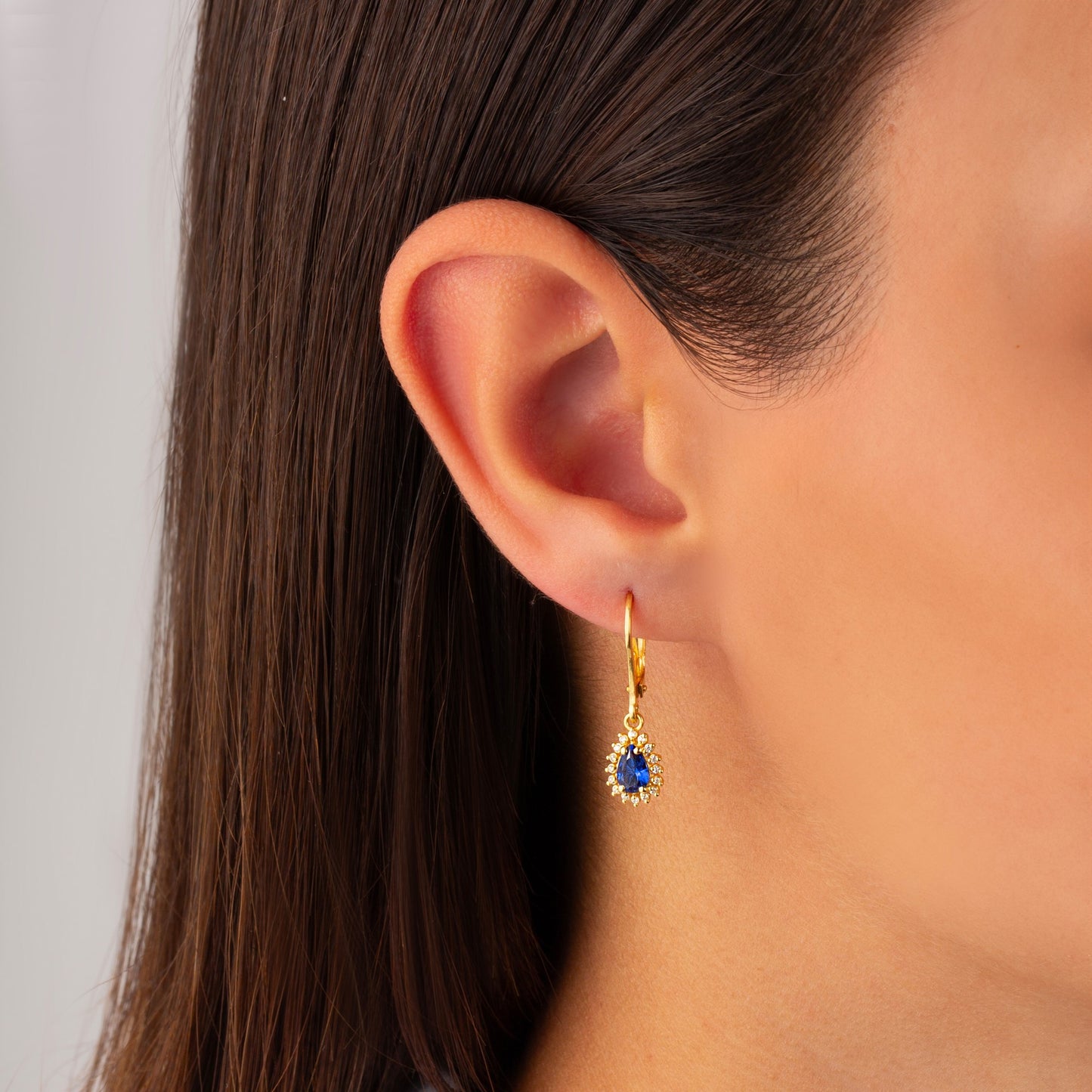 Teardrop Sapphire Bezel Dangling Earrings in 8K/10K/14K Solid Gold Surrounded with Real Diamonds, September Birthstone Jewelry