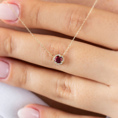 Round Garnet Necklace Surrounded by Real Diamonds, 8K/10K/14K Solid Gold, January Birthstone