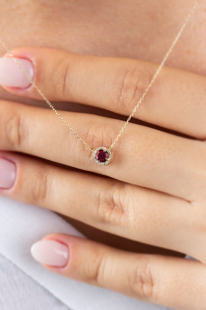 Round Garnet Necklace Surrounded by Real Diamonds, 8K/10K/14K Solid Gold, January Birthstone