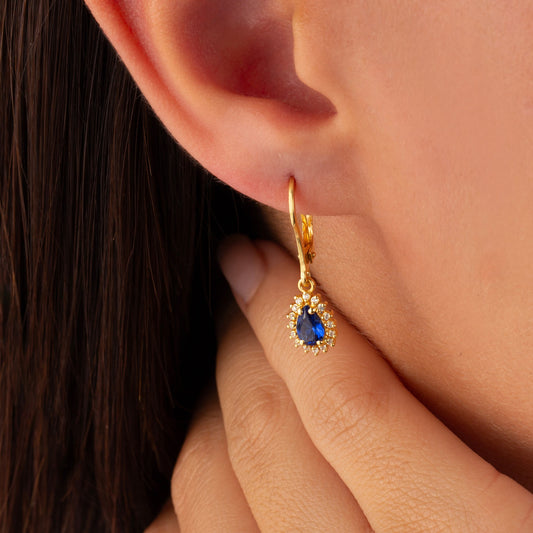 Teardrop Sapphire Bezel Dangling Earrings in 8K/10K/14K Solid Gold Surrounded with Real Diamonds, September Birthstone Jewelry