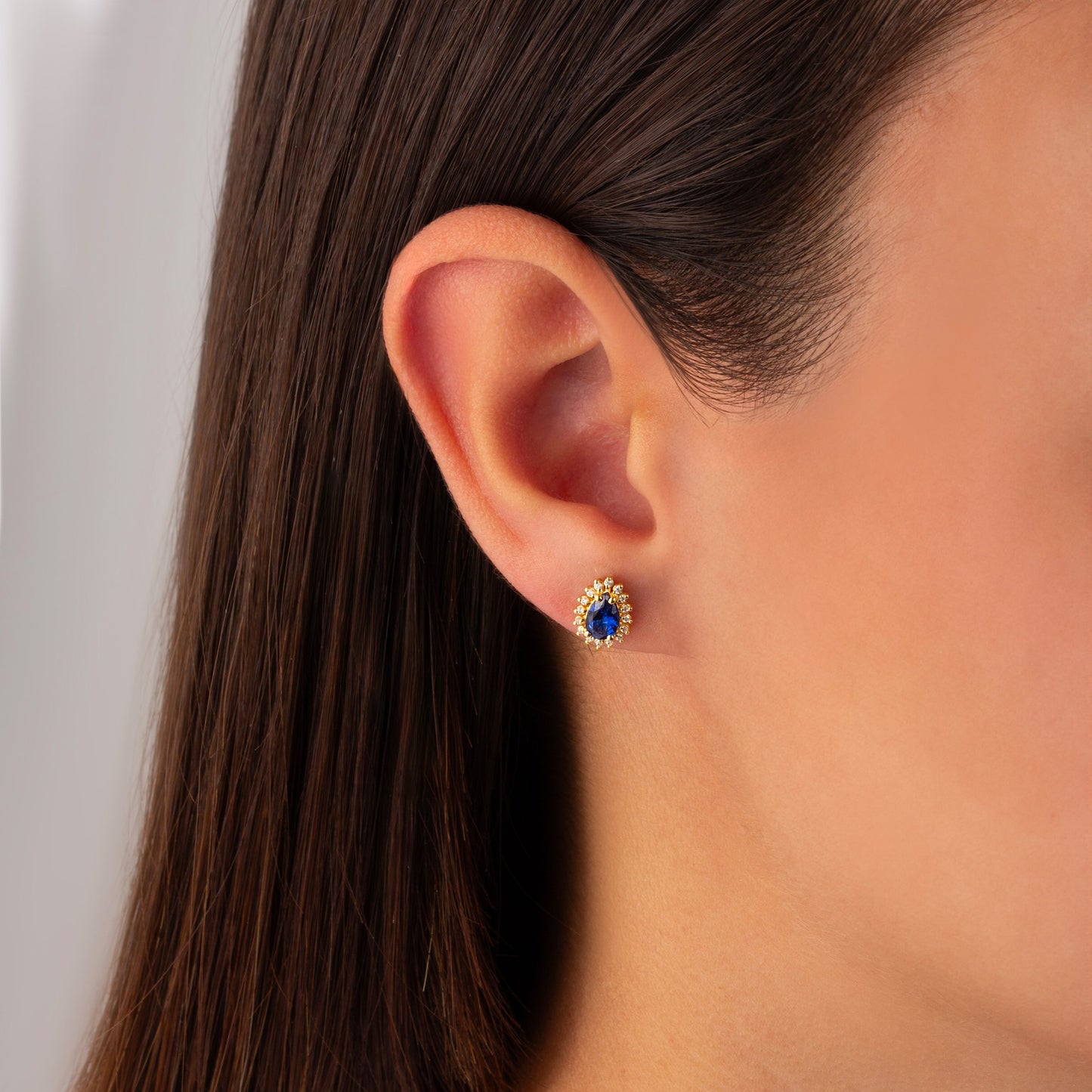 Teardrop Sapphire Bezel Stud Earrings in 10K/14K Solid Gold Surrounded with Real Diamonds, September Birthstone Jewelry