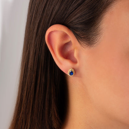 Teardrop Sapphire Bezel Stud Earrings in 10K/14K Solid Gold Surrounded with Real Diamonds, September Birthstone Jewelry